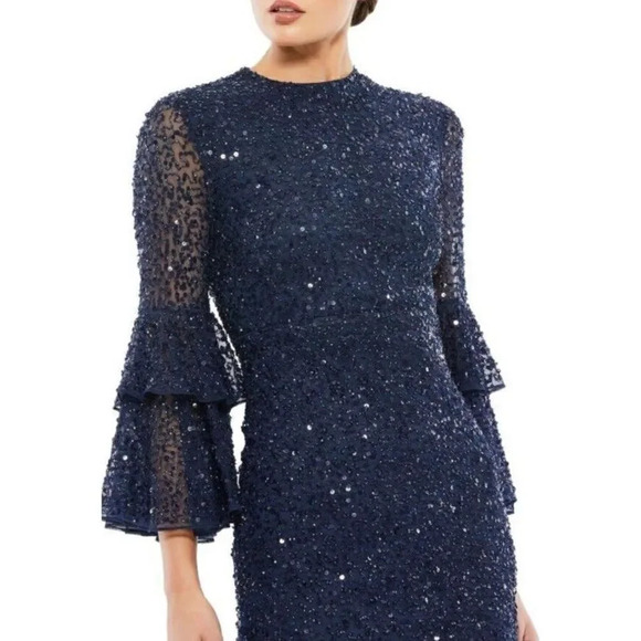 Mac Duggal 10802 Bell Sleeve Sequin Dress Navy Size 4 New With Tags Women’s Gown - Picture 3 of 12